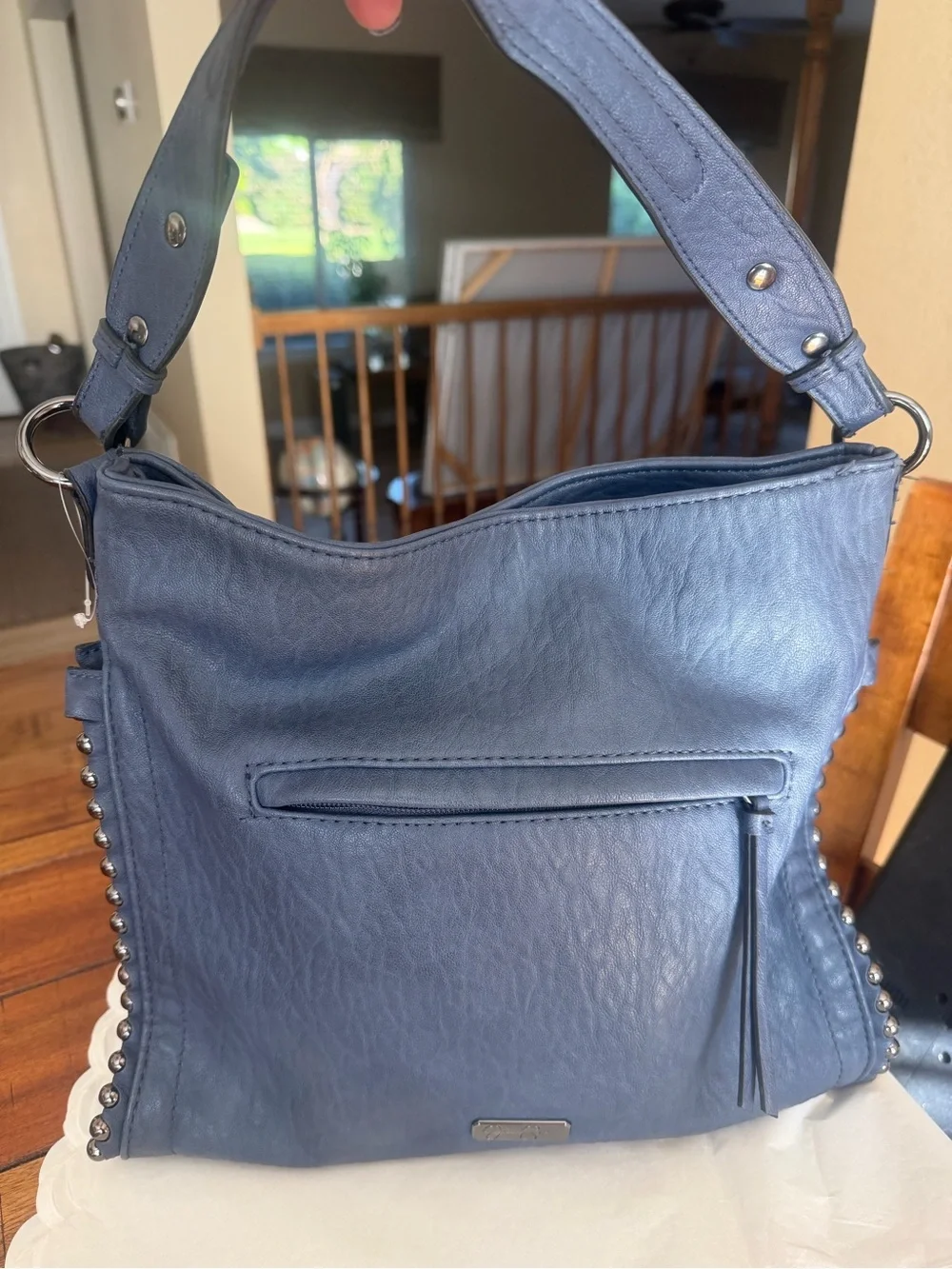 Jessica Simpson Navy Blue Leather Stud-Trim Hobo Bag
